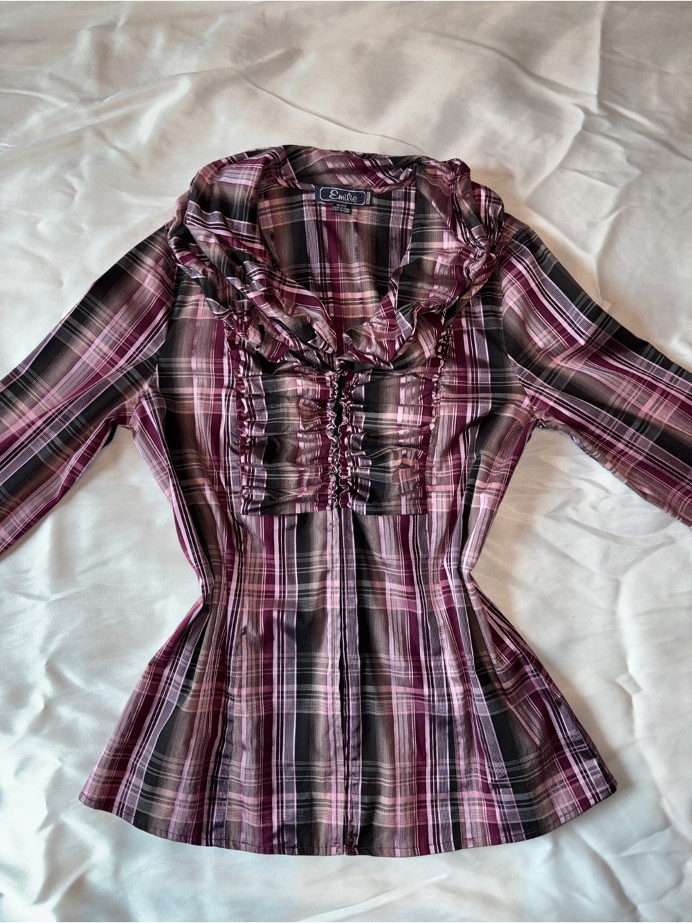 Emilie Vintage Y2K Pink Plaid Ruffle Blouse Size 12/14